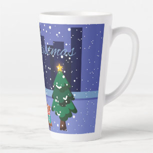 Kerst stadsgezicht met straatlantaarn, boom en gif latte mok