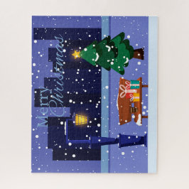 Kerst stadsgezicht met straatlantaarn, boom en gif legpuzzel