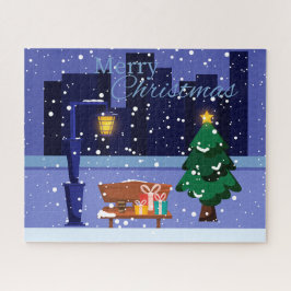 Kerst stadsgezicht met straatlantaarn, boom en gif legpuzzel