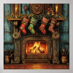 Kerst Steampunk open haard Poster