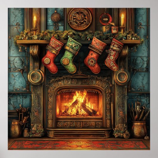 Kerst Steampunk open haard Poster (Voorkant)