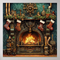Kerst Steampunk open haard Poster