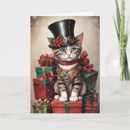 Kerst Steampunk Tabby Kitten Kaart