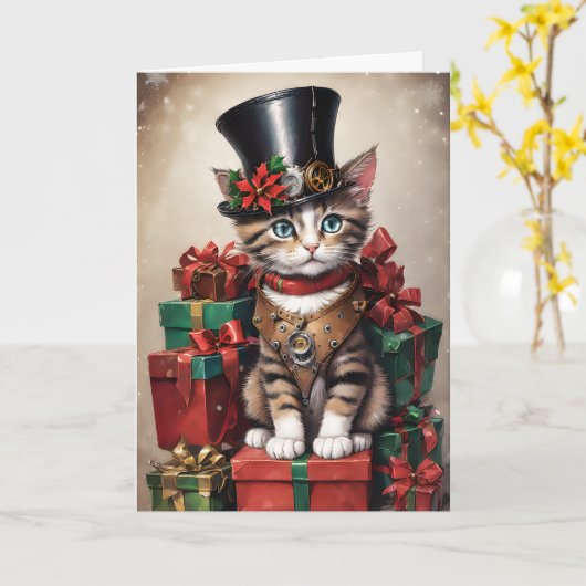 Kerst Steampunk Tabby Kitten Kaart (Gele Bloem)
