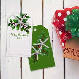 Kerst Stervis en Hulst Witte Aanbindlabels Cadeaulabel