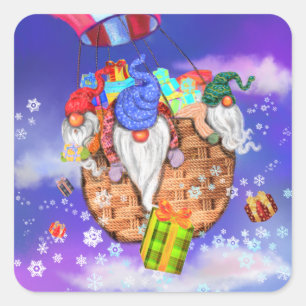 Kerst sticker Gnomes Flying and Gives Gifts