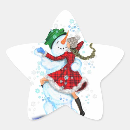 Kerst sticker Happy Sneeuwman en Meisje Dans (Voorkant)