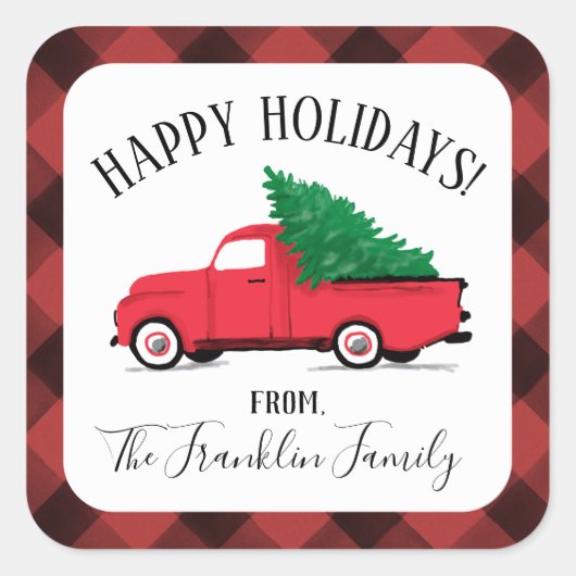 Kerst sticker met Red Truck en Tree (Voorkant)