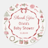 Kerst sticker met rode strik voor babyshower (Voorkant)