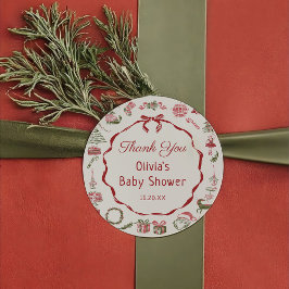 Kerst sticker met rode strik voor babyshower 