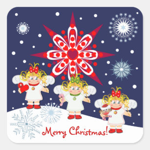 Kerst sticker met tekst, engelen en sneeuw