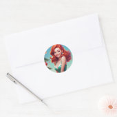 Kerst sticker Pin-up meisje, Redhead ROUND (Envelop)