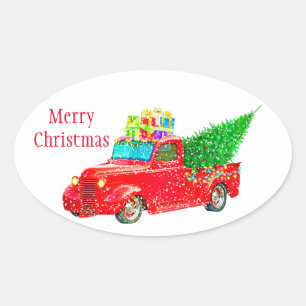 Kerst sticker-Red Truck Ovale Sticker