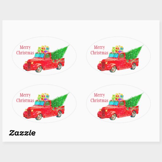 Kerst sticker-Red Truck Ovale Sticker (Vel)