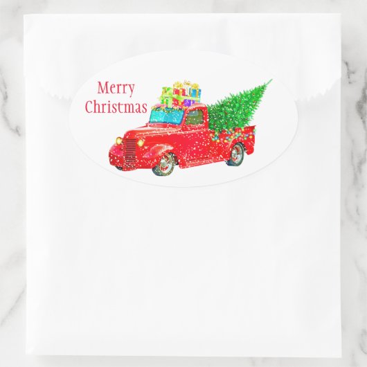 Kerst sticker-Red Truck Ovale Sticker (Tas)