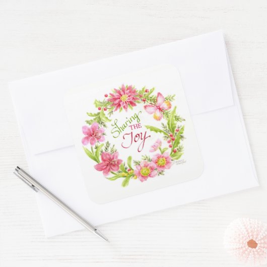 Kerst stickers Bloemen Waterverf krans (Envelop)