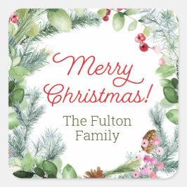 Kerst stickers, groenvoedergewassen en bessen, met vierkante sticker