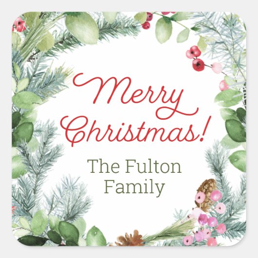 Kerst stickers, groenvoedergewassen en bessen, met vierkante sticker (Voorkant)