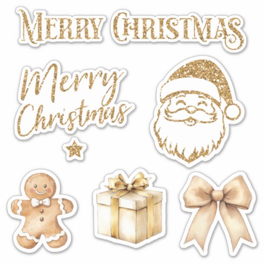 Kerst stickers set van 6 gouden glitter 02 (Voorkant)