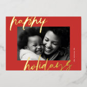 Kerst Stijlvol Rood Script Gouden Foto Gelukkig Folie Feestdagenkaart (Voorkant)