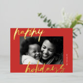 Kerst Stijlvol Rood Script Gouden Foto Gelukkig Folie Feestdagenkaart (Staand Voorkant)