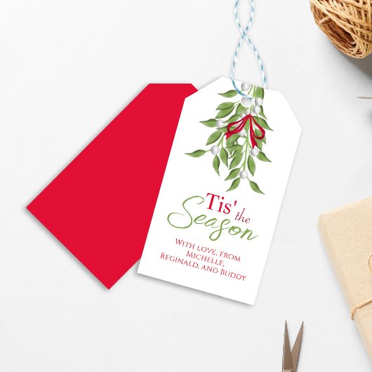 Kerst Stijlvolle Mistletoe Rood en Groen Cadeaulabel