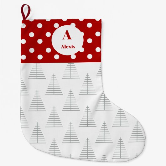 Kerst Stippen & Witte Bomen Aangepaste naam Grote Kerstsok (Voorkant)