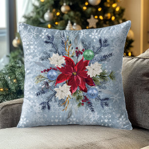 Kerst Stof Blauw Poinsettia Boeket Kussen