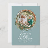 Kerst stoffige blauwe botanische 1 foto elegant feestdagenkaart (Voorkant)