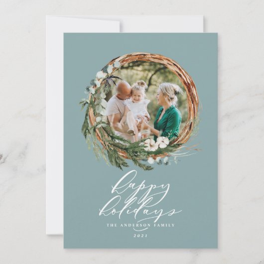 Kerst stoffige blauwe botanische 1 foto elegant feestdagenkaart (Voorkant)