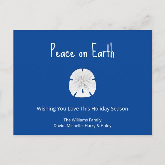 Kerst Strand Zand Dollar Vrede op Aarde Blauw Feestdagenkaart (Voorkant)