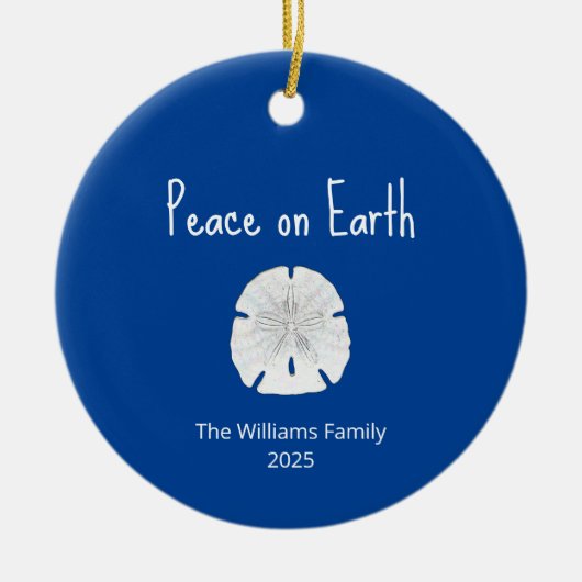 Kerst Strand Zand Dollar Vrede op Aarde Blauw Keramisch Ornament (Voorkant)
