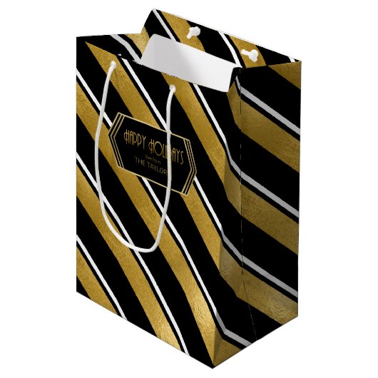 Kerst Streeppatroon Goud ID862 Medium Cadeauzakje (Voorkant Gekanteld)