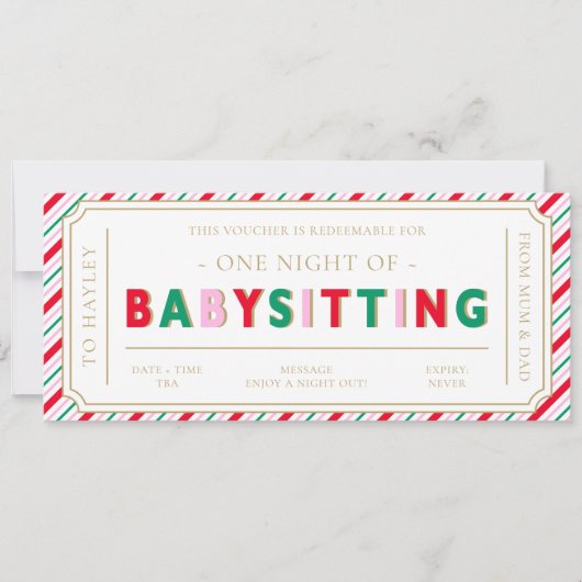 Kerst Stripe Babysitten Cadeaubon Kaart (Voorkant)
