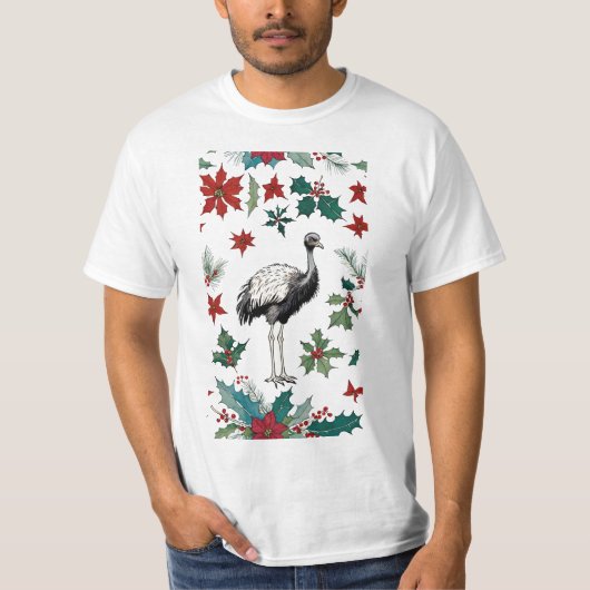Kerst struisvogel en poinsettia's t-shirt (Voorkant)