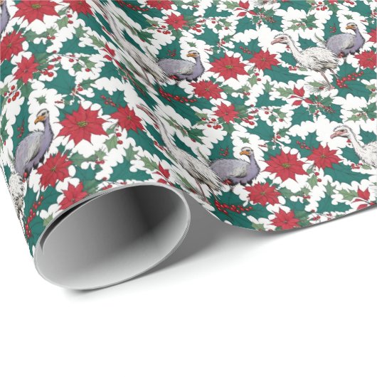 Kerst struisvogels en poinsettia's cadeaupapier (Rol Hoek)