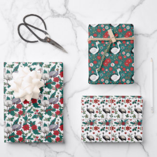 Kerst struisvogels en poinsettia's inpakpapier vel