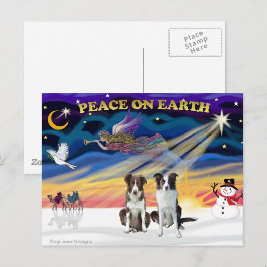 Kerst Sunrise Border Collies (2 bruin) Feestdagenkaart (Voorkant / Achterkant)