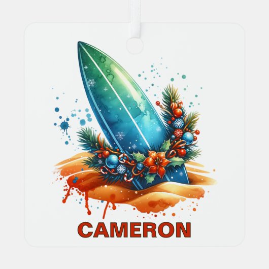 Kerst Surfboard Custom Name Metalen Ornament (Achterkant)