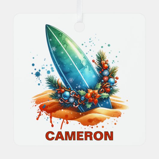 Kerst Surfboard Custom Name Metalen Ornament (Voorkant)