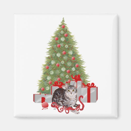 Kerst Tabby bij de Boom Magneet (Voorkant)