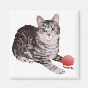 Kerst Tabby Kat met Ornament Magneet