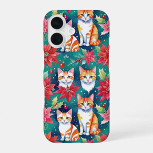Kerst Tabby Katten met Poinsettias iPhone 16 Hoesje