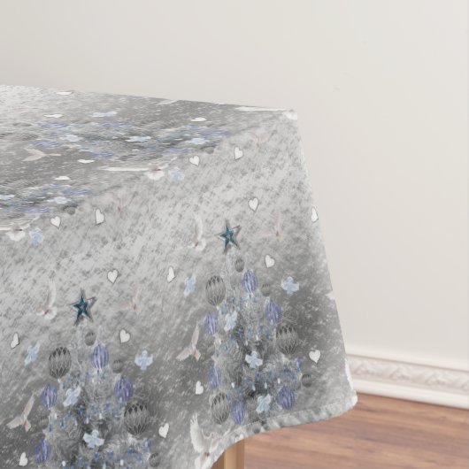 Kerst tafelkleed, vrolijk blauw zilveren boom tafelkleed (Voorbeeld)