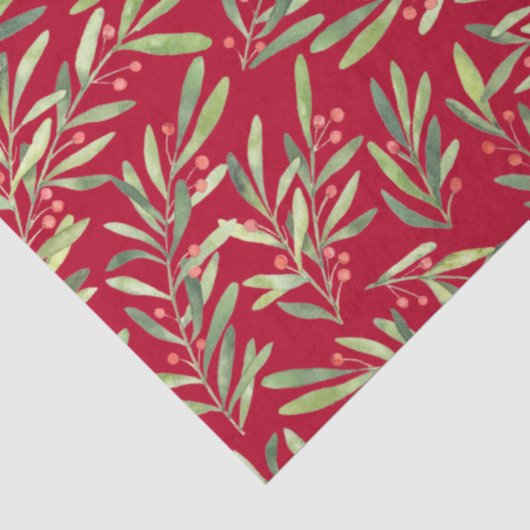 Kerst takken en bessen op rood tissuepapier (Detail)