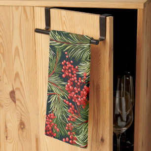 Kerst takken en bessen theedoek