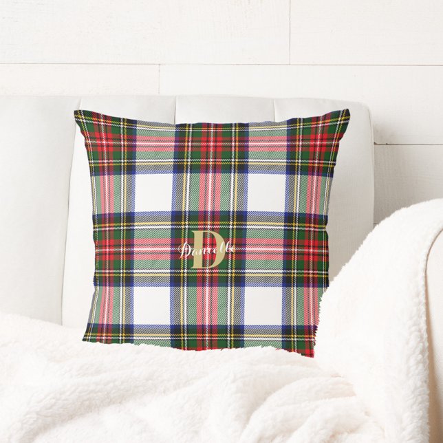 Kerst Tartan Monogram Naam Vakantie Patroon Kussen (Christmas Tartan Monogram Name Holiday Pattern Throw Pillow)