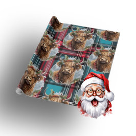 Kerst Tartan pacific blauw Highlander Koe Cadeaupapier