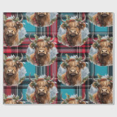 Kerst Tartan pacific blauw Highlander Koe Cadeaupapier (Vlak)