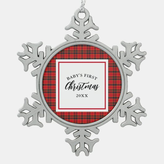 Kerst Tartan Plaid Baby's Eerste Kerstmis Tin Sneeuwvlok Ornament (Voorkant)